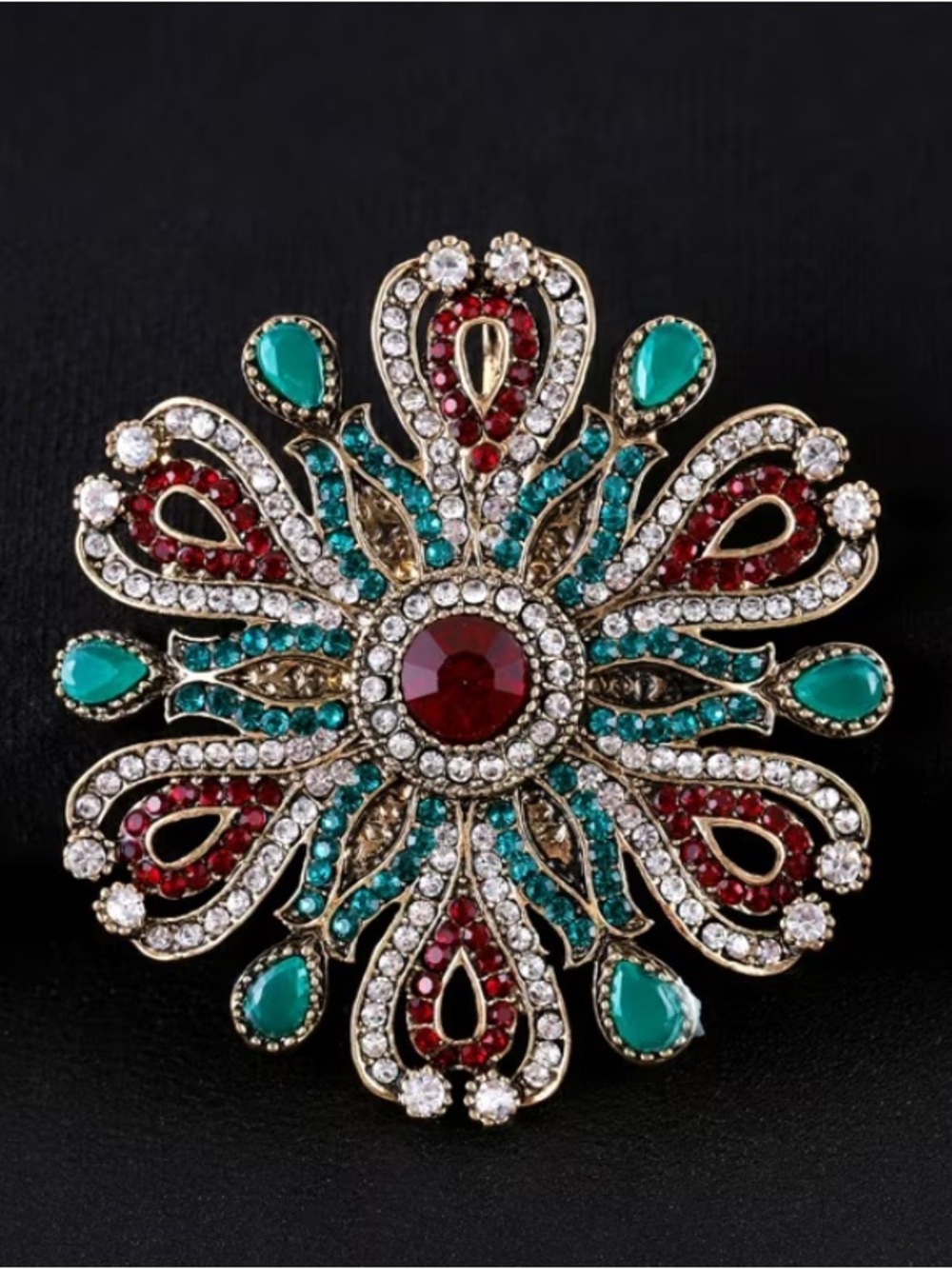 Vintage-Inspired Floral Brooch in Red and Teal Crystal